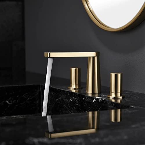 PINCHU Wasserhahn Bad, Messing-Doppelgriff-3-Loch-Badarmatur, Warm- Und Kaltmischbatterie, Unter Waschtischarmatur, Armatur Waschbecken, Badezimmer-Niederdruckarmatur(Gebürstetes Gold)