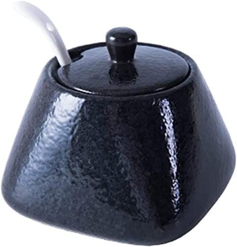 Tarro de cerámica vintage para especias con tapa, cuchara, azucarero de porcelana, caja de condimentos para el hogar y la cocina, para cocina, restaurante, café, azúcar, té, harina y más, color negr