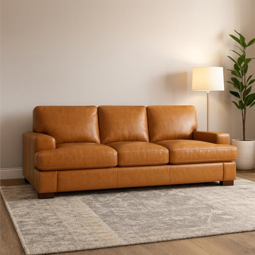 Naomi Home Siggy Genuine Leather Sofa – Plush Goose Feather Cushions, Mid-Century Modern Design – 992 LBS Capacity, NO Tools Assembly 3 Seater Sofa, Tan Couch for Living Room