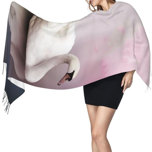Btcowzrv Schal für Damen, Kaschmir-Schal, weißer Schwan, leicht, für Herbst und Winter, Fransenschal für Hochzeit, Weißer Schwan, EinheitsgröÃŸe