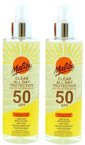 2 x Malibu Sun SPF 50 Clear All Day Sun Spray Sunscreen 200ml with Mystical Dreams Thank You Card.
