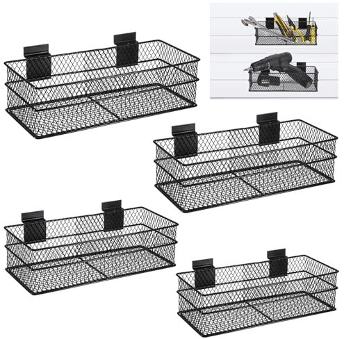 IGNPION Set di 4 cestini portaoggetti in filo metallico, pannelli a doghe in metallo, accessori per garage, cestini portaoggetti multiuso in PVC, con 4 diverse dimensioni