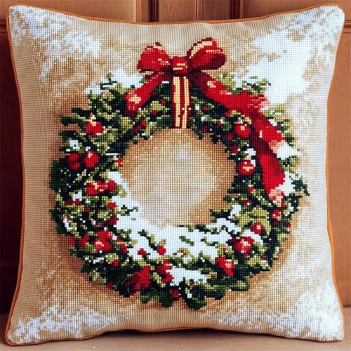 AMBATTERY Coussin Point de Croix Gros Trou, Couronne de Noël Coussin à Broder Fait Main 45X45cm Coussin Brodé Coussin À Broder Fait Main Kit Complet Coussin Point De Croix 45 * 45cm
