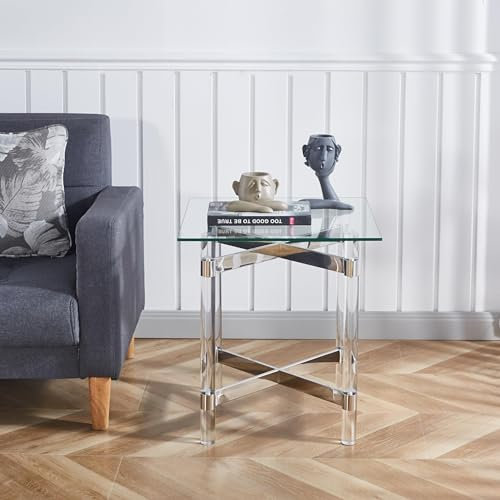 Modernt glasbord med akryltopp och krom rostfritt stål ram elegant litet soffbord för sovrum 49,8 cm fyrkantigt soffbord för soffa
