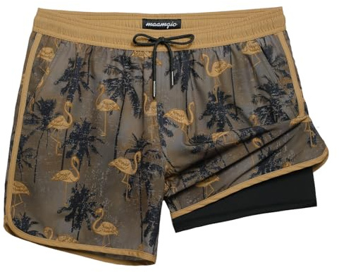 maamgic Maillot de Bain Homme Court Rétro Vintage Short avec Compression Culotte intérieure 2 en 1 Séchage Rapide 4 Way Stretch et Cordon de Serrage Ajustable,Palmiers Flamingo Marron Clair,M