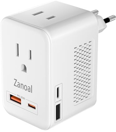 6 in 1 European Travel Plug Adapter,220v to 110v Voltage Converter,US to Europe Travel Adapter,20W PD USB-C Power Adapter, 2 USB A+ 2 Type C,Max 1400w for Hairdryer/traightener/Curling Iron