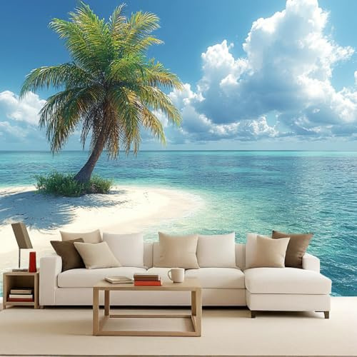Carta da Parati in Tessuto Non Tessuto 200x140 cm 3D Mare Isola Tropicale Palme Paesaggio Murale Moderna Fotografica Wallpaper Opaco Impermeabile Per Soggiorno Camera Letto Sala Ufficio Decorazione