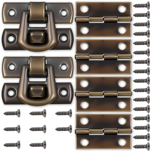6 PCS Antique Bronze Latch and Hinges with Matching Screws Set Hinge 24x17mm Latch 31x22mm Small Hinges for Jewelry Box for Crafts Cabinet Jewelry Boxes Wooden Case Decorative Box Hinge