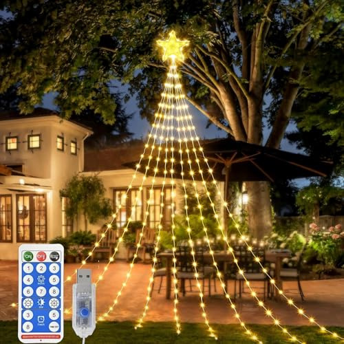ZeiLaBang Kakadi 2M LED Wasserfall Lichterkette Stern,Weihnachtsbaum Lichterkette Mit Stern,LEDs Weihnachtsbeleuchtung Strom Timer,Fernbedienung 8 Modi Wasserdicht für Weihnachtsbaum Garten Balkon