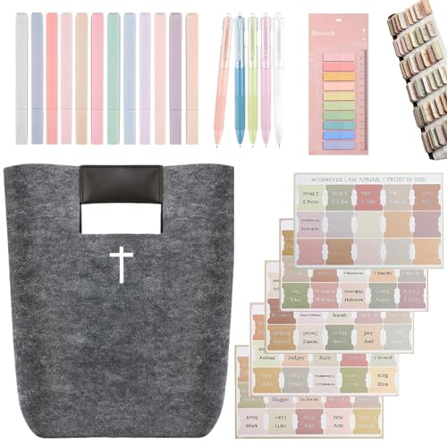 Wihozte Bible Study Bags, Bible Tote Bag with Handle 24 Pcs Felt Christian Tote Bag (17 pens + 5 blank labels + Measuring ruler) Bible Books Fruits Snacks Storage Spacious for Church and Daily Use