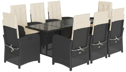 Mokuyary 9-TLG. Grupo de comedor de jardín con almohada, juego de muebles de jardín de ratán poli negro, juego de mesa de comedor, muebles de balcón resistentes a la intemperie para porches, patios