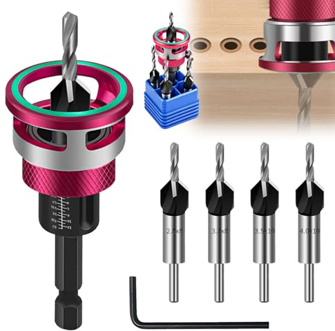 Set di 6 punte svasate per legno, con arresto di profondità regolabile, con codolo esagonale da 1/4, per la lavorazione del legno, per ottenere fori uniformi