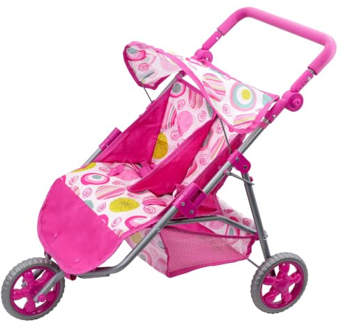 BiBi Doll 3 Wheeler Twin Dolls Pushchair - Double Seat Pink Pram with Adjustable Handle, Sun Canopy, Foldable Frame - Great for Sibling & Twin Dolls, Role Play Toys for Girls & Boys, Aged 3+