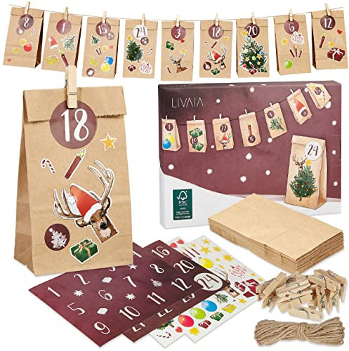 LIVAIA Adventskalender 2025 Frauen, Männer und Kinder: DIY Set zum Befüllen mit kleinen Geschenken - 24 bedruckte Papiertüten, Holzklammern, Adventskalender Tee Aufkleber - Ideal für Geschenke