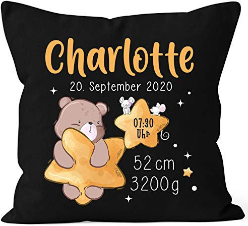 SpecialMe® personalisierbarer Kissen-Bezug zur Geburt Bär Stern Geburtskissen Namenskissen Geschenk Geburt Baby schwarz 40cm x 40cm