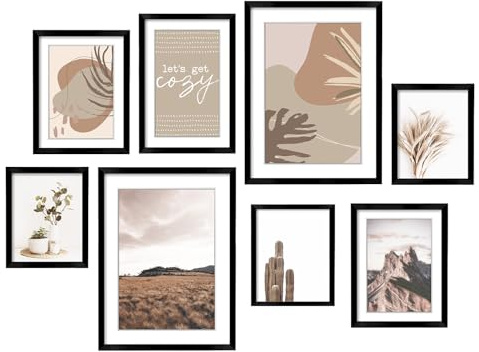 ArtbyHannah Gallery Wall Frame Set,Black Picture Frames Collage Wall Decor with Neutural Art for Living Room Stariway,8 Pack Assorted Size-11x14,8x10,6x8