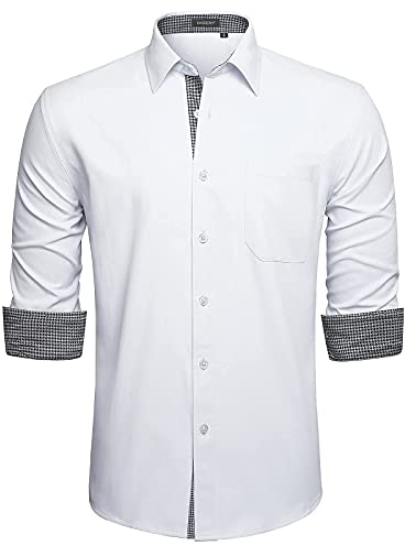 HISDERN White Shirt Men Long Sleeve Formal Stretch Smart Shirt for Men Adult Regular Fit Button Down Designer Business Wedding Non Iron with Pockets,White3,2XL