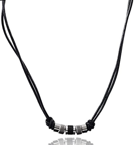 David Galvani ® | Handmade Herren Lederkette mit Bead Anhänger aus Edelstahl Silber | 45cm + 5cm |Halskette für Herren | Schwarze Leder | Halsband | Halsschmuck | Geschenk für Männer (45+5, Schwarz)