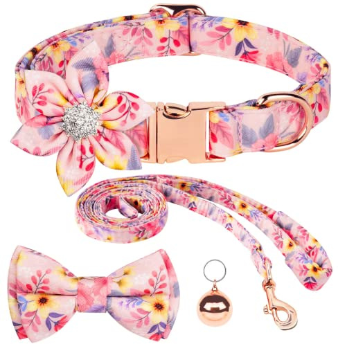 AUAUY Hundehalsband und Leine, Set mit Blumenmädchen-Blumenmuster und Gravur, Haustierhalsbänder mit verstellbarer, starker goldfarbener Schnalle, Halsbänder mit schöner Fliege und Glöckchen, für