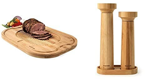 Bundle of Salter BW07271 Bamboo Wooden Carving Chopping, Serving Board/Platter and Salter 7614 WDXR Eco Bamboo Salt and Pepper Mill Set and Stand, Twist and Grind