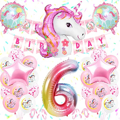 6 Ans Licorne Decoration Anniversaire Fille,Ballon Anniversaire 6 Ans avec Birthday Banner,3D Licorne Foil Ballons,Grand Foil Number 6,Blanc Rose Décoration 6 Anniversaire Fille Bébé