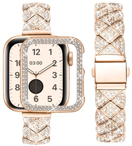 wutwuk Kompatibel mit Apple Watch Armband 40mm 41mm 44mm 45mm 42mm 38mm Damen Glitzer Armbänder mit Diamant Gehäuse Schlank Metallarmband für iWatch Series SE 11 10 9 8 7 6 5 4 3 2 1 Rosegold | Armband für iWatch SE3/2/1 Serie 6/5/4, 40 mm, Edelstahlarmband für Damen und Herren, Roségold