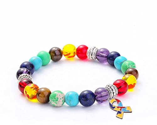 GAUEIOUR Bracelet pour autisme, bracelet coloré en pierre naturelle, bracelet à pendentif en ruban pour enfants, bracelet de sensibilisation à l'autisme, bracelet de croix en ruban, Pierre Acier