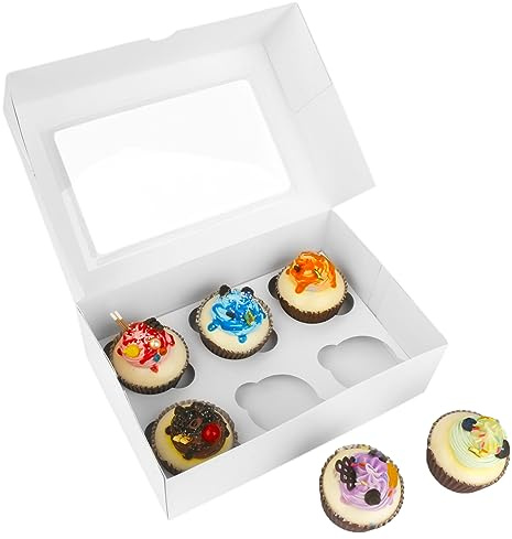 EDATOFLY 20 Stück Cupcake Schachtel 6er, Weiß Cupcake Muffin Box mit Fenster kraftpapier Geschenkboxen mit Sichtfenster Cupcake Boxen für Kekse, Kuchen, Dessert, Geschenke (24x16.5x7.5cm)