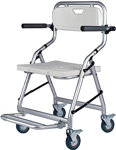 Duschhocker Klappbar Duschstuhl mit Rollen und Armlehnen für Senioren und Behinderte, Antirutsch Badhocker mit Allradbremse, Duschsitz, Belastung: 150 kg