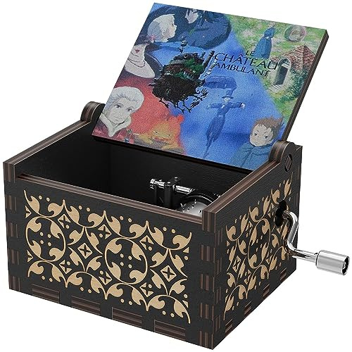 HLZK Howl's Moving Castle Wood Music Box,Anime Theme Music Merry Go Round of Life Wooden Hand Cranked Musical Boxes New Year Birthday Gift (Black1)