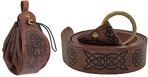 2 st vikingabälte medeltida fuskläder bältespåse retro riddare bälte set renässans dragsko tärningsväska LARP tillbehör, Brunt-2, Adjustable size