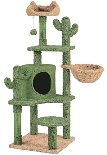 Abician Arbre à Chat Cactus Tour pour Chat Hauteur 135 cm avec Panier Cachette 3 Plateformes en Peluche Arbre à Grimper Multi-Niveaux Design Mignon Poteaux en Sisal Boule Élastique Vert/Brun