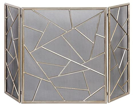 Kaminschirme Midcentury Abstract Silver Panels Kaminschirm | Geometrischer, Champagner-Mesh-Kaminschirm, flach