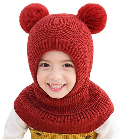XIUH Kinder Mädchen Wintermütze Warm Niedlich Schlupfmütze Mit Bommel Beanie Schlupfmütze Mädchen Winter Halswärmer Kinder Wolle Mädchen Beanie Mütze 2-6 Jahre