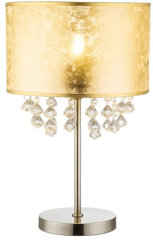 Tischleuchte Lampe Kristallleuchte Leselampe Leuchte Schlafzimmer, Kristalldekor klar Lampenschirm Blattgold Nickel matt, 1x E27 Fassung, DxH 32x56 cm