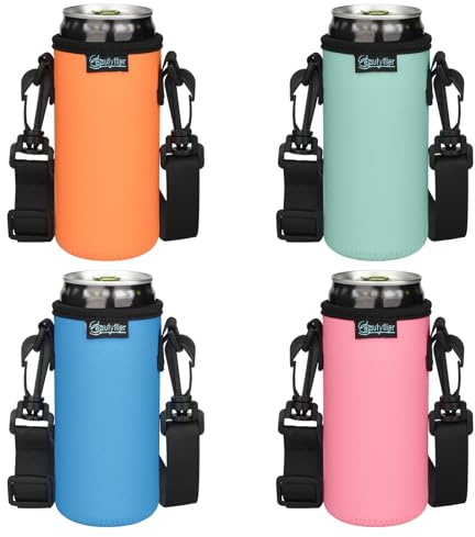 Beautyflier Neoprene Can Sleeve with Adjustable Shoulder Strap Insulator Carrier Holder for 12 Ounce Energy Drink Beverage Beer Can (Slim 12 oz, 4pcs)