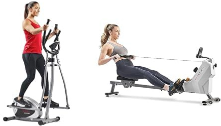 Sunny Health & FitnessCompact Folding Magnetic Rowing Machine w/ 109 cm Slide Rail, 130 KG Max + Legacy Stepping Elliptical Machine, Total Body Cross Trainer w/Ultra- Quiet Magnetic, Low Impact