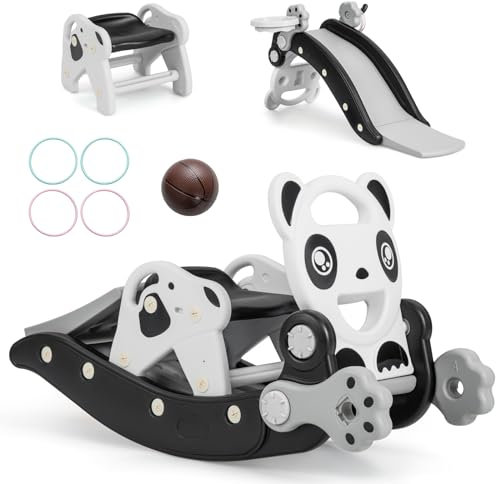 COSTWAY Toddler Rocking Horse and Slide, 5 in 1 Ride on Toy Kids Rocker with Basketball Hoop & Ring Toss Game, Foldable Slide Climber for Boys and Girls (Black)