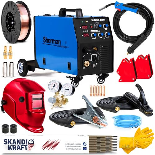 Sherman DUALMIG 210 S3 - Soldador Inverter Profesional con Gas 200 A - Modos de Soldadura DC TIG, Inductancia y MMA - Máquina de Soldar con Chasis - Tecnología IGBT - Set Premium
