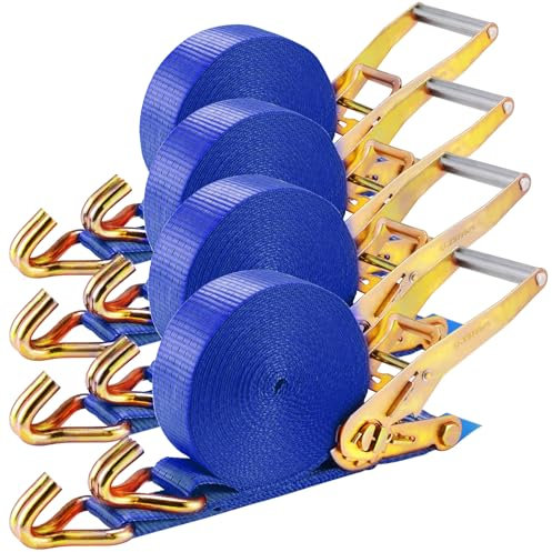 4 pièces 5000 kg Sangle à Cliquet 9m,Sangles d'arrimage,50mm,Sangles de Serrage avec cliquet et Crochets,aux intempéries,pour l'arrimage Professionnel du Chargement des camions/Motos/Cargos,Bleu
