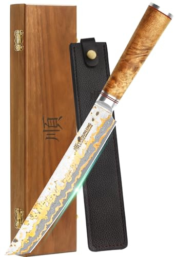 YOUSUNLONG Sashimi Slicing Knife - 8 Inch Sujihiki Yanagiba Knife - Super Sharp Slice - Japanese Handmade Copper Damascus Steel Blade - Naturel Burl Wooden Handle with Leather