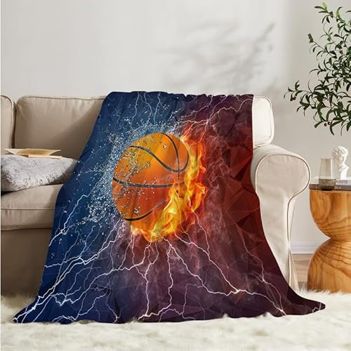 Flanell Kuscheldecke Basketball 135x200 Kinder, Blau Sofa Decke Weiche mit Motiv, Microfaser Fleecedecke Klein Plaid Decke Wohnzimmer Couch