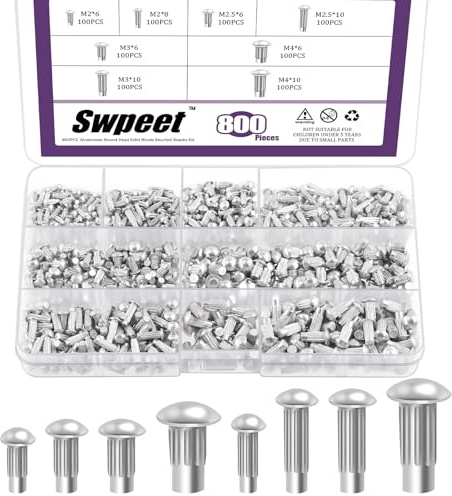 Swpeet 800Pcs M2 M2.5 M3 M4 × 6mm 8mm 10mm Solid Aluminium Brazier Head Nieten Sortiment Kit, Halbrunder Kopf Solid Knulled Nieten, Aluminium Nieten Solid Nieten für Reparatur Boot, Flugzeug