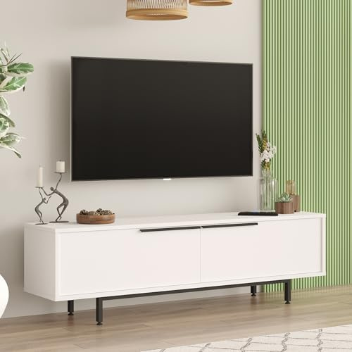 [en.casa] TV Schrank Urejovle Lowboard mit 2 Türen TV Board Weiß Fernsehtisch TV Kommode Fernsehschrank 160 x 36 x 45 cm Metallgestell