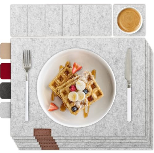 smøla 12-teiliges Premium Filz Tischset inkl. Untersetzer I Platzset Abwaschbar Grau I Platzset Abwischbar, Platzdeckchen Set mit Filzuntersetzer für Teller, Gläser I Tischdeko Frühling Edelgrau