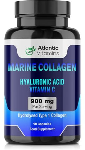 Marine Collagen 900 mg - High Strength 90 Capsules Collagen with Hyaluronic Acid and Vitamin C for Skin, Joints and Hair - Type 1 Hydrolysed Collagen Supplements for Women & Men - UK Made