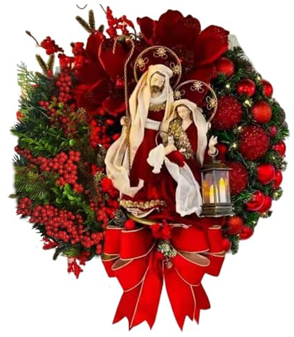 Corona de Navidad de 16 pulgadas Artificial con Luz de Flores de Jesús Bayas Rojas Corona con Hojas Mixtas Colgante Coronas de Navidad Redondas para Puerta Principal Ventana Pared para Uso Doméstico