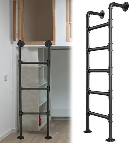 3/4/5/6 Step Fire Escape Ladder, Heavy Duty Metal Ladders Egress Basement Window Well Safety Climbing Ladder, Black Metal Stepladder for Attic Bunk Bed(145cm/57in)