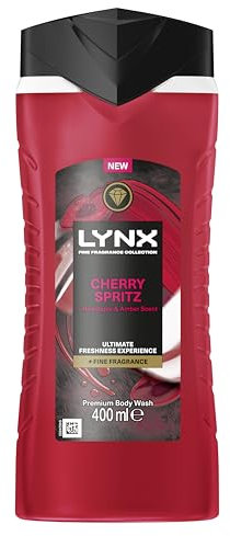 Lynx Fine Fragrance Collection Cherry Spritz Premium Body Wash Shower Gel for 12 hours of freshness, infused with a cherry, red apple & amber scent 400 ml