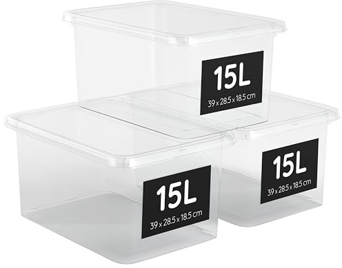 AHIOVA Cajas Almacenaje Plastico Grandes 15L con Tapa Set 3 Organizadoras Apilables 100% Transparentes Click Presión 39x28,5x18,5cm Armario Ropa Zapatos Trastero BPA Free Fabricadas Europa